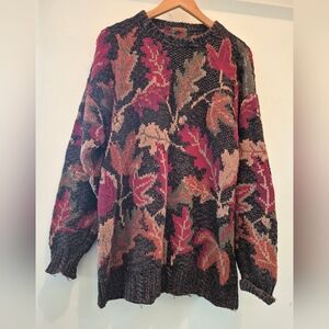 100% Cotton Vintage Fall Leaves Pattern Knit Sweater Large By Boston Traders